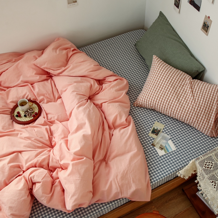 91家纺网 家纺一手货源 找家纺 安莱生活 2021新款色织全棉水洗棉混搭四件套 纯粉+浅蓝小格