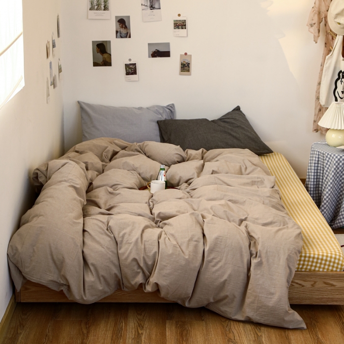 91家纺网 家纺一手货源 找家纺 安莱生活 2021新款色织全棉水洗棉混搭四件套 卡其+小黄格