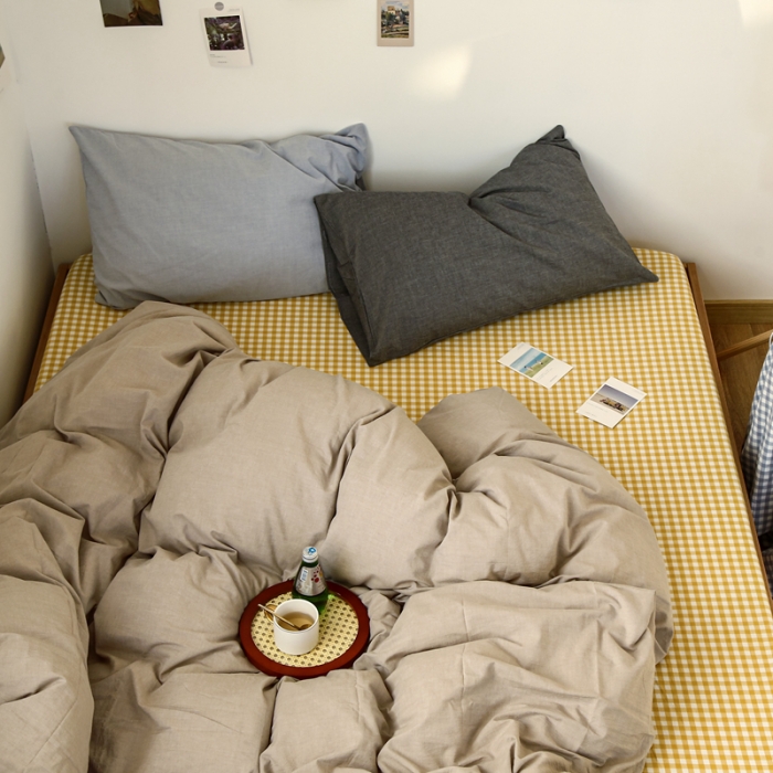 91家纺网 家纺一手货源 找家纺 安莱生活 2021新款色织全棉水洗棉混搭四件套 卡其+小黄格