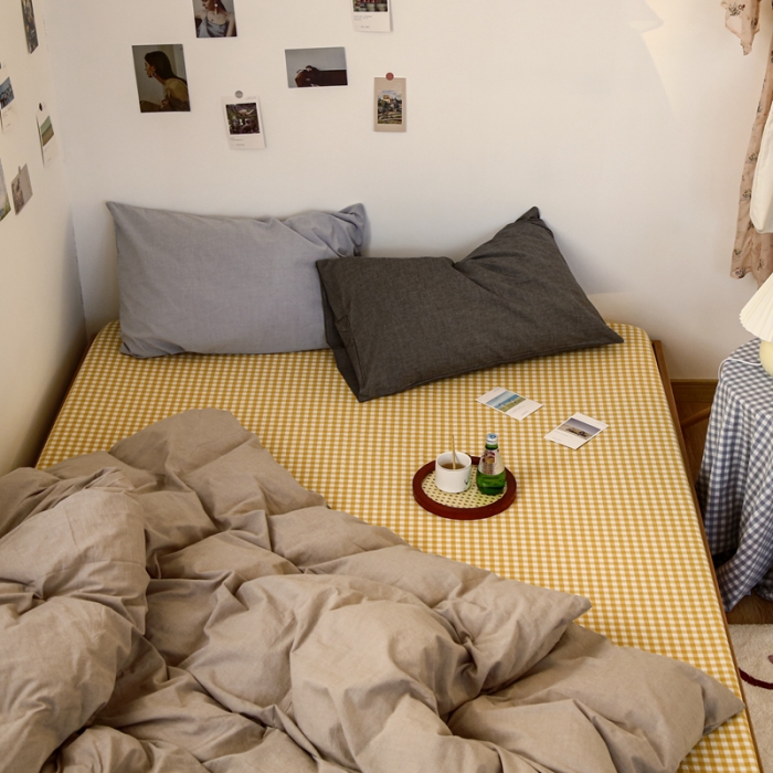 91家纺网 家纺一手货源 找家纺 安莱生活 2021新款色织全棉水洗棉混搭四件套 卡其+小黄格