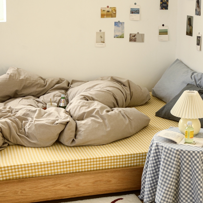 91家纺网 家纺一手货源 找家纺 安莱生活 2021新款色织全棉水洗棉混搭四件套 卡其+小黄格