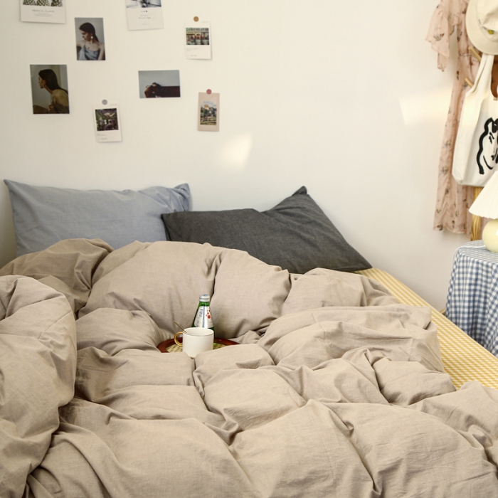 91家纺网 家纺一手货源 找家纺 安莱生活 2021新款色织全棉水洗棉混搭四件套 卡其+小黄格