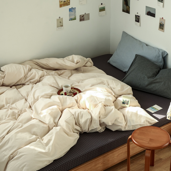 91家纺网 家纺一手货源 找家纺 安莱生活 2021新款色织全棉水洗棉混搭四件套 米白+小灰格