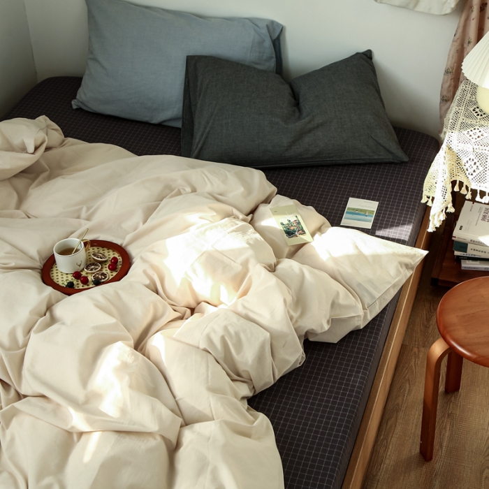 91家纺网 家纺一手货源 找家纺 安莱生活 2021新款色织全棉水洗棉混搭四件套 米白+小灰格