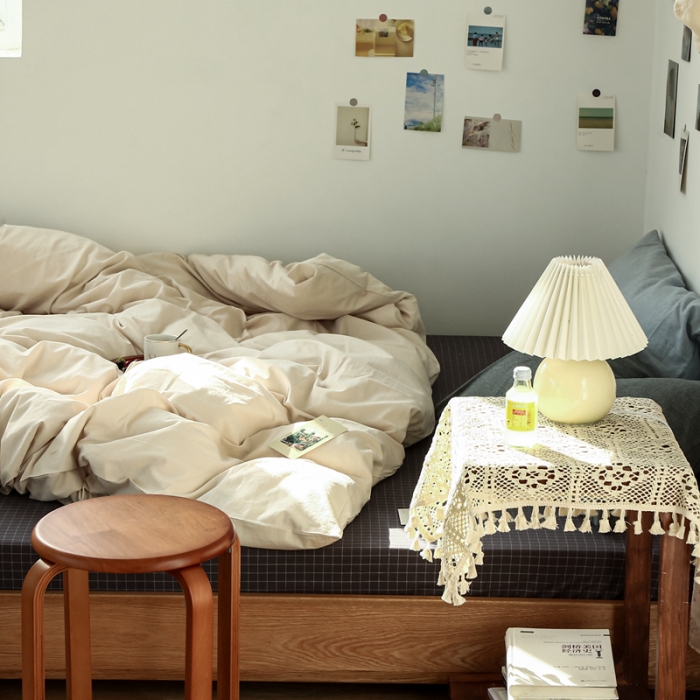 91家纺网 家纺一手货源 找家纺 安莱生活 2021新款色织全棉水洗棉混搭四件套 米白+小灰格