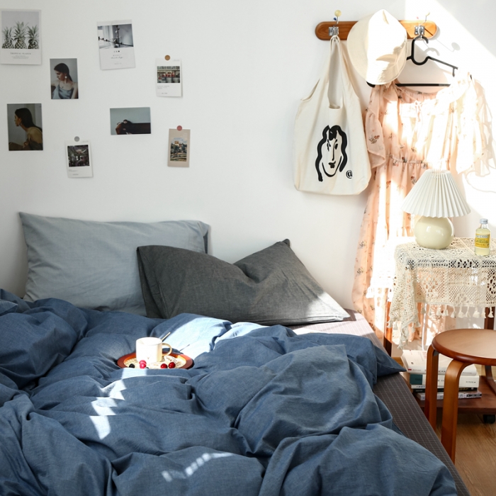 91家纺网 家纺一手货源 找家纺 安莱生活 2021新款色织全棉水洗棉混搭四件套 牛仔蓝+小灰格