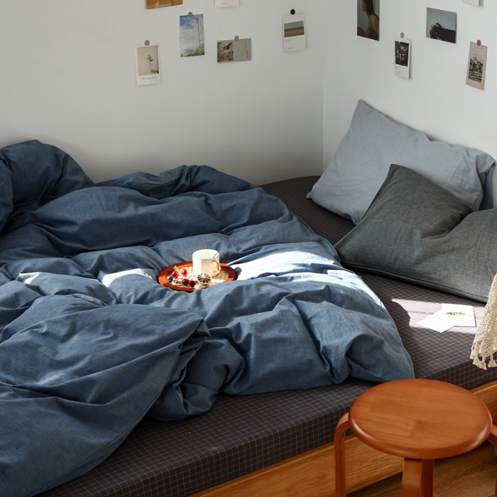 91家纺网 家纺一手货源 找家纺 安莱生活 2021新款色织全棉水洗棉混搭四件套 牛仔蓝+小灰格