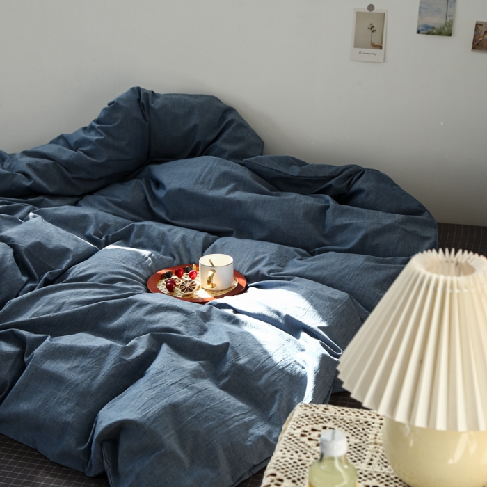 91家纺网 家纺一手货源 找家纺 安莱生活 2021新款色织全棉水洗棉混搭四件套 牛仔蓝+小灰格