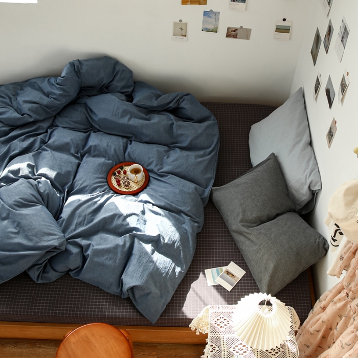 91家纺网 家纺一手货源 找家纺 安莱生活 2021新款色织全棉水洗棉混搭四件套 牛仔蓝+小灰格