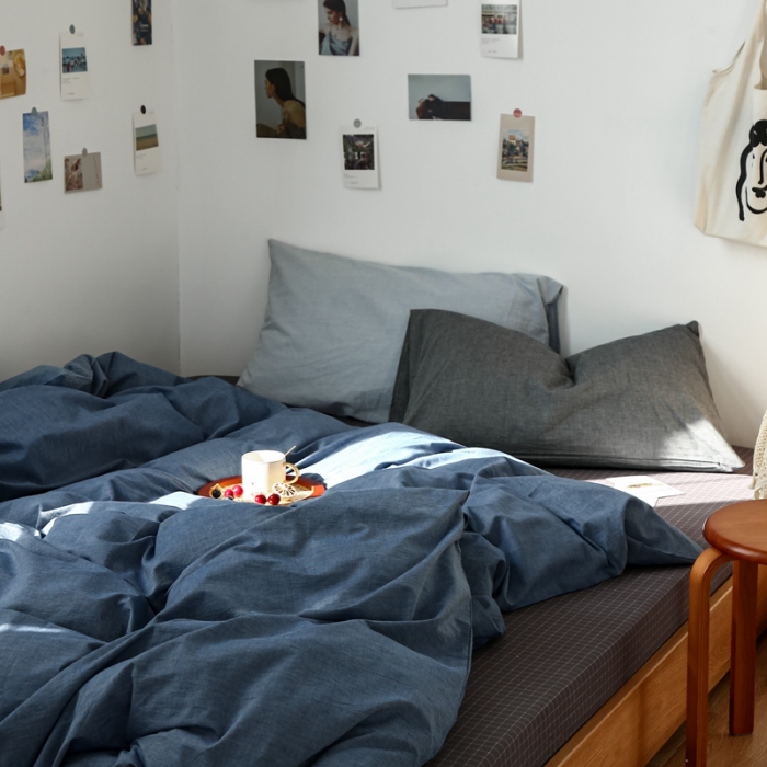 91家纺网 家纺一手货源 找家纺 安莱生活 2021新款色织全棉水洗棉混搭四件套 牛仔蓝+小灰格