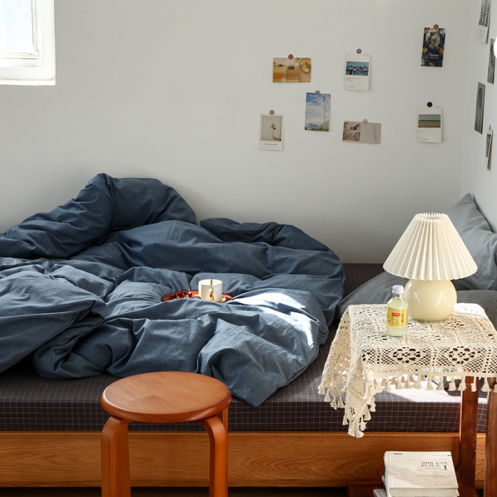 91家纺网 家纺一手货源 找家纺 安莱生活 2021新款色织全棉水洗棉混搭四件套 牛仔蓝+小灰格