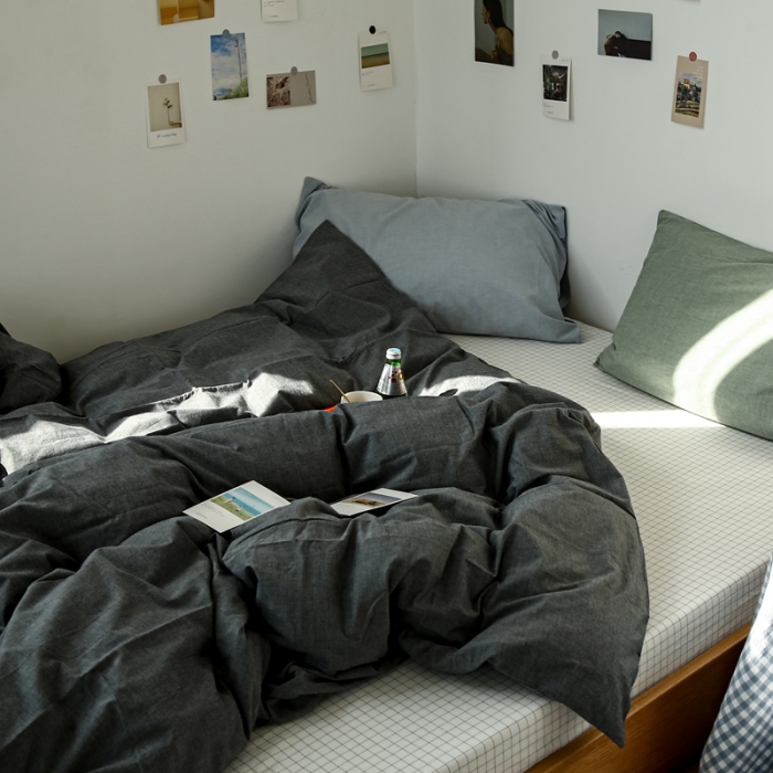 91家纺网 家纺一手货源 找家纺 安莱生活 2021新款色织全棉水洗棉混搭四件套 深灰+小白格