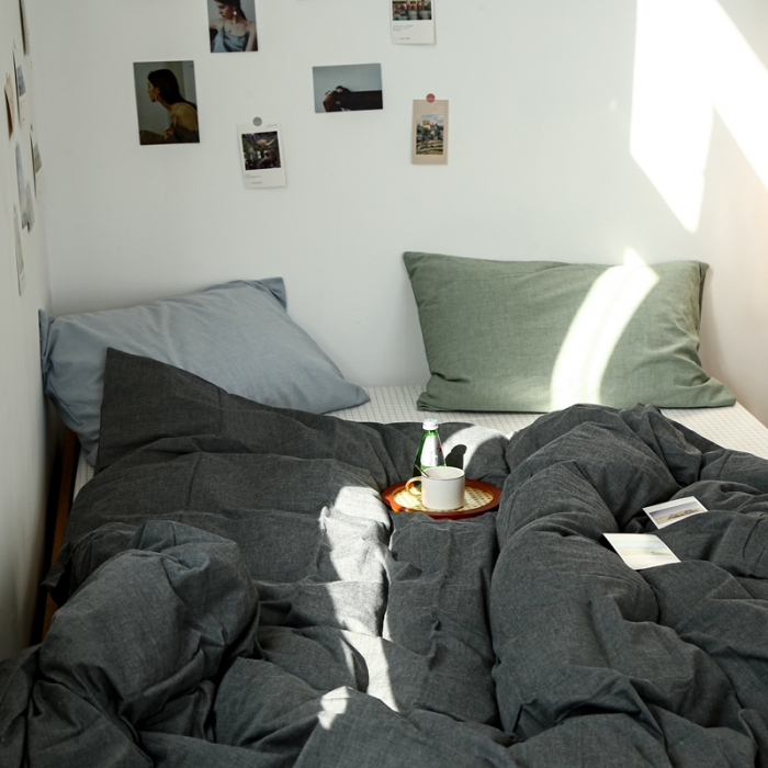 91家纺网 家纺一手货源 找家纺 安莱生活 2021新款色织全棉水洗棉混搭四件套 深灰+小白格