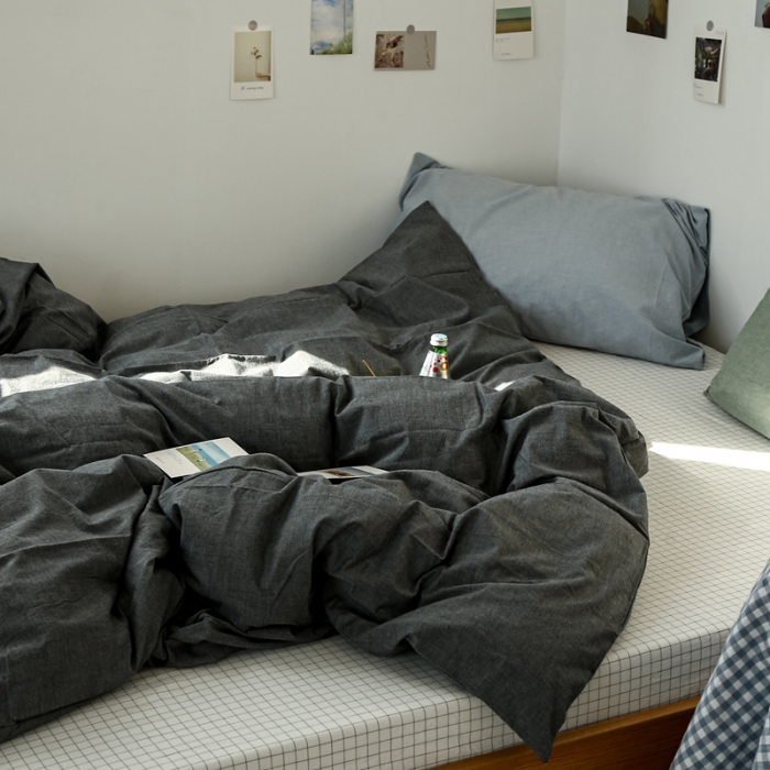 91家纺网 家纺一手货源 找家纺 安莱生活 2021新款色织全棉水洗棉混搭四件套 深灰+小白格