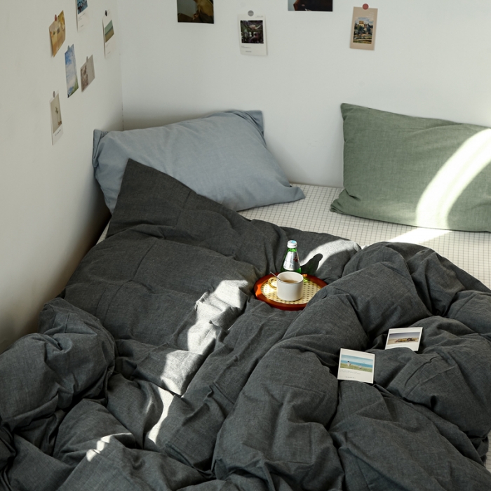 91家纺网 家纺一手货源 找家纺 安莱生活 2021新款色织全棉水洗棉混搭四件套 深灰+小白格