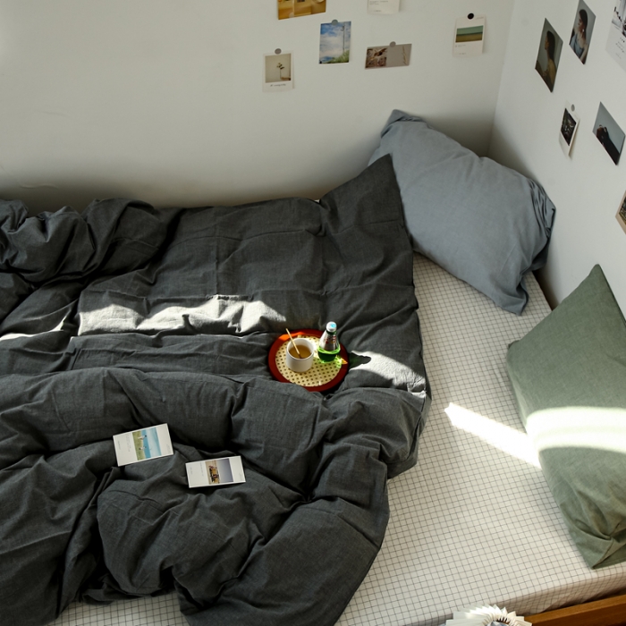 91家纺网 家纺一手货源 找家纺 安莱生活 2021新款色织全棉水洗棉混搭四件套 深灰+小白格