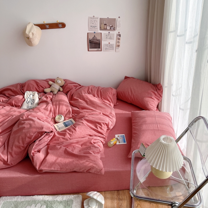 91家纺网 家纺一手货源 找家纺 安莱生活 2021新款全棉水洗棉四件套 大红