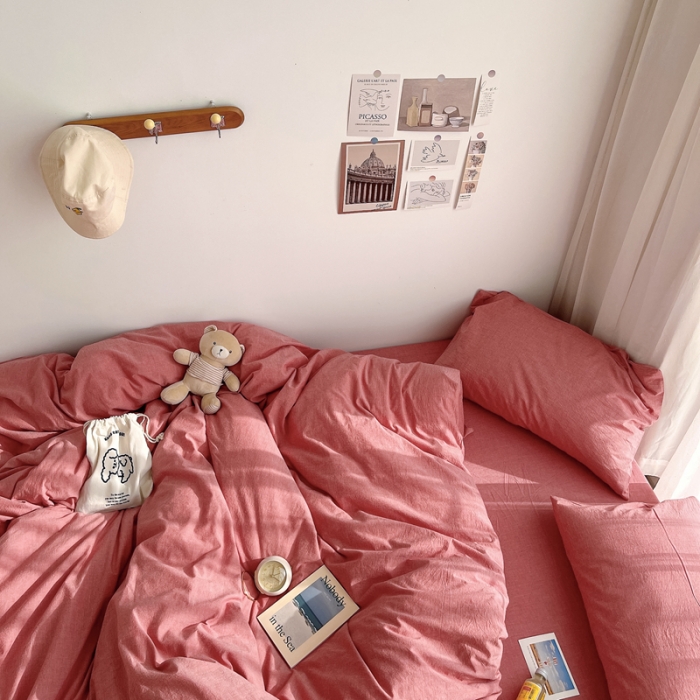 91家纺网 家纺一手货源 找家纺 安莱生活 2021新款全棉水洗棉四件套 大红