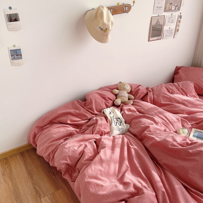 91家纺网 家纺一手货源 找家纺 安莱生活 2021新款全棉水洗棉四件套 大红