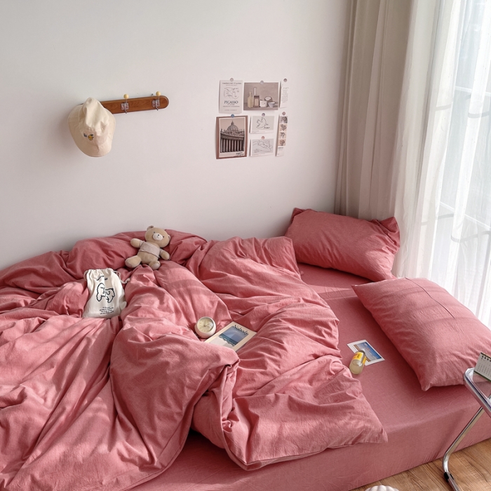 91家纺网 家纺一手货源 找家纺 安莱生活 2021新款全棉水洗棉四件套 大红