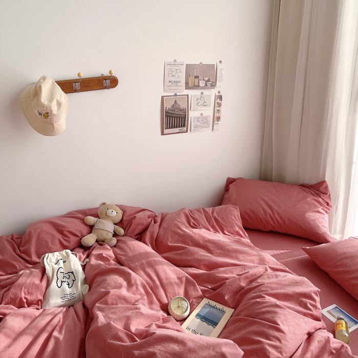 91家纺网 家纺一手货源 找家纺 安莱生活 2021新款全棉水洗棉四件套 大红