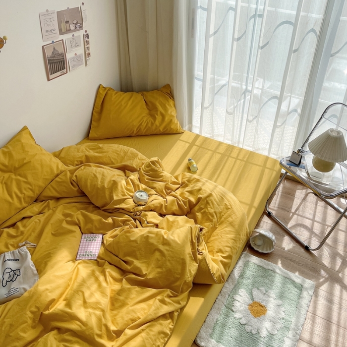 91家纺网 家纺一手货源 找家纺 安莱生活 2021新款全棉水洗棉四件套 姜黄