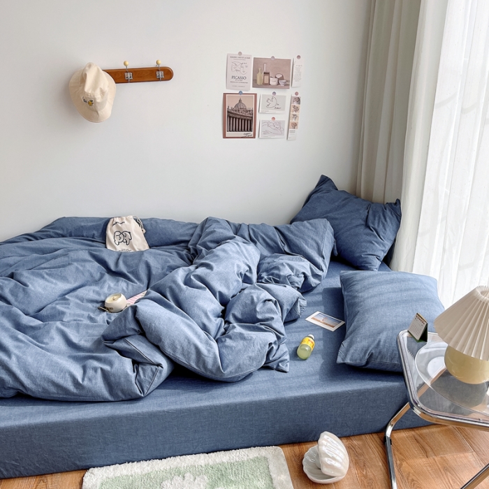 91家纺网 家纺一手货源 找家纺 安莱生活 2021新款全棉水洗棉四件套 牛仔蓝