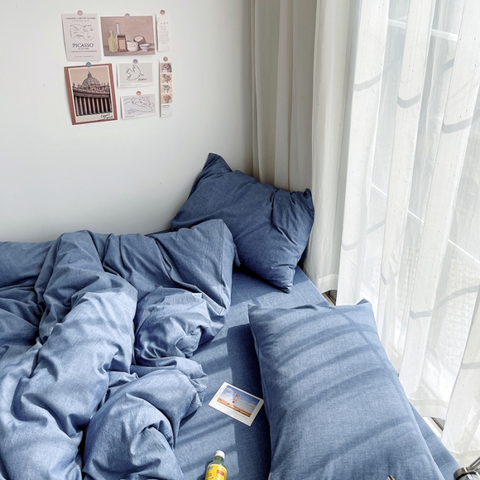 91家纺网 家纺一手货源 找家纺 安莱生活 2021新款全棉水洗棉四件套 牛仔蓝