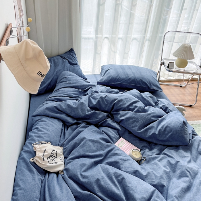 91家纺网 家纺一手货源 找家纺 安莱生活 2021新款全棉水洗棉四件套 牛仔蓝