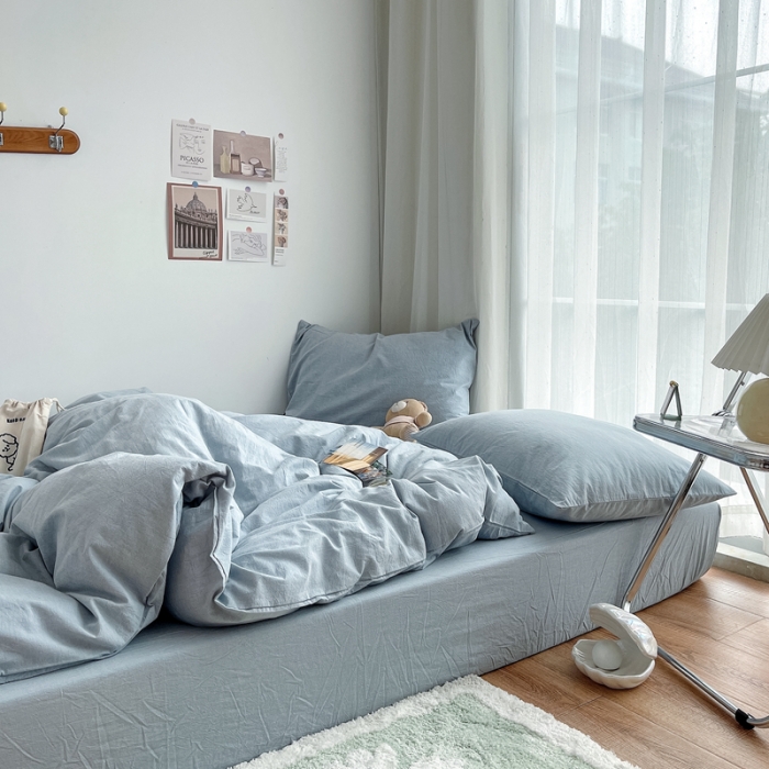 91家纺网 家纺一手货源 找家纺 安莱生活 2021新款全棉水洗棉四件套 浅蓝