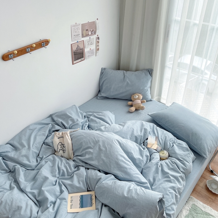 91家纺网 家纺一手货源 找家纺 安莱生活 2021新款全棉水洗棉四件套 浅蓝
