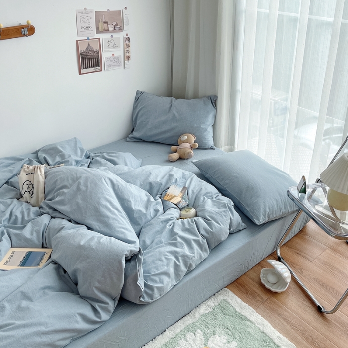 91家纺网 家纺一手货源 找家纺 安莱生活 2021新款全棉水洗棉四件套 浅蓝