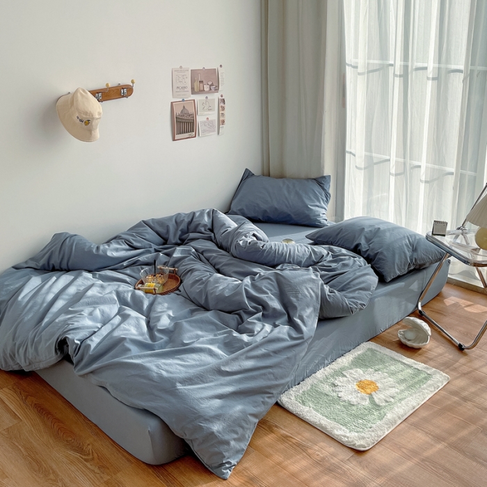 91家纺网 家纺一手货源 找家纺 安莱生活 2021新款全棉水洗棉四件套 雾蓝