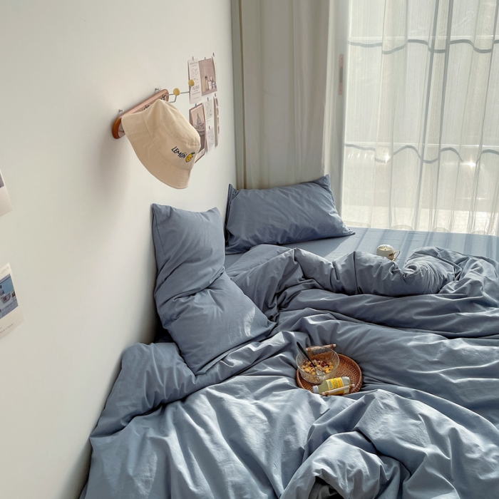 91家纺网 家纺一手货源 找家纺 安莱生活 2021新款全棉水洗棉四件套 雾蓝
