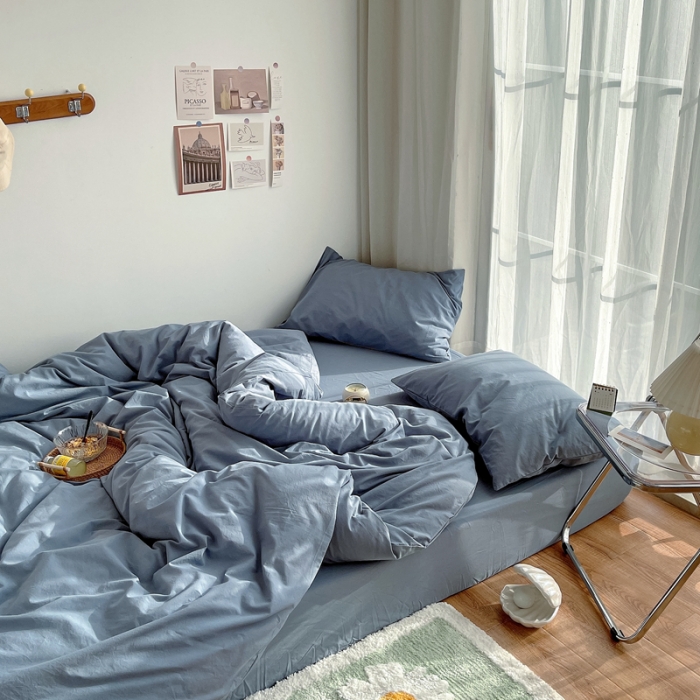 91家纺网 家纺一手货源 找家纺 安莱生活 2021新款全棉水洗棉四件套 雾蓝