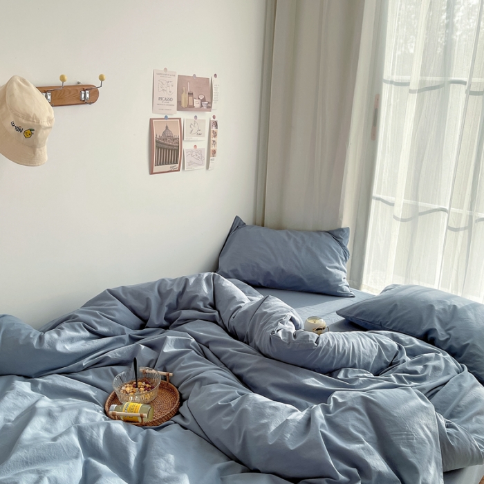91家纺网 家纺一手货源 找家纺 安莱生活 2021新款全棉水洗棉四件套 雾蓝