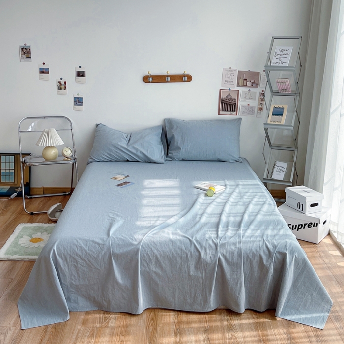 91家纺网 家纺一手货源 找家纺 安莱生活 2021新款全棉水洗棉单床单 浅蓝