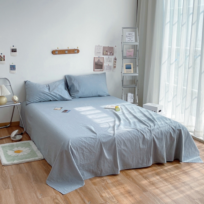 91家纺网 家纺一手货源 找家纺 安莱生活 2021新款全棉水洗棉单床单 浅蓝