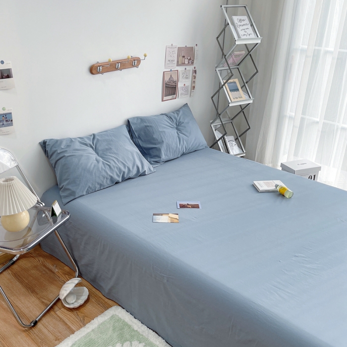 91家纺网 家纺一手货源 找家纺 安莱生活 2021新款全棉水洗棉单床单 雾蓝