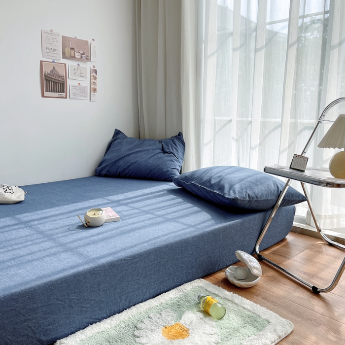 91家纺网 家纺一手货源 找家纺 安莱生活 2021新款全棉水洗棉单床笠 牛仔蓝