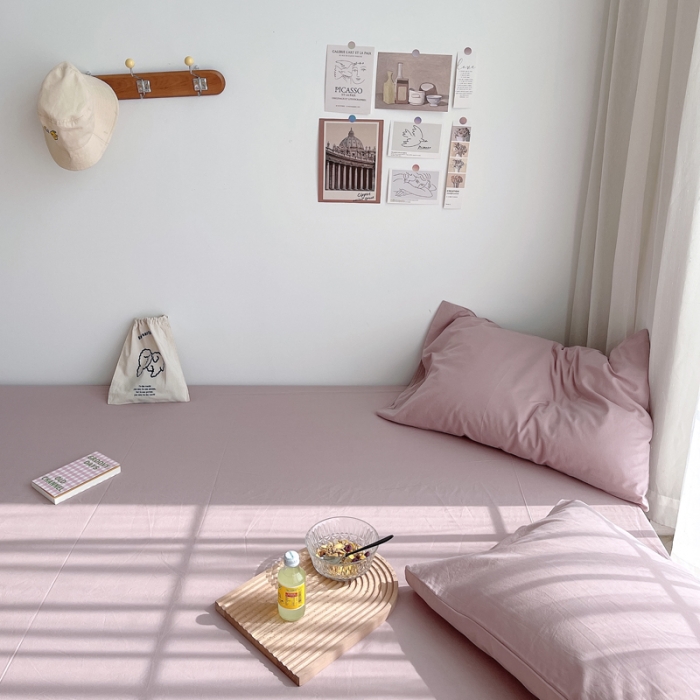 91家纺网 家纺一手货源 找家纺 安莱生活 2021新款全棉水洗棉单床笠 藕粉