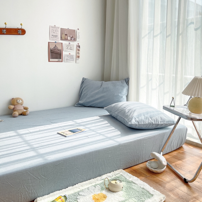 91家纺网 家纺一手货源 找家纺 安莱生活 2021新款全棉水洗棉单床笠 浅蓝