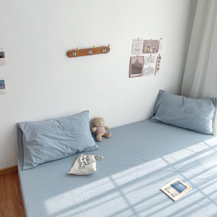 91家纺网 家纺一手货源 找家纺 安莱生活 2021新款全棉水洗棉单床笠 浅蓝