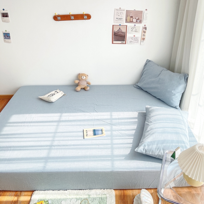 91家纺网 家纺一手货源 找家纺 安莱生活 2021新款全棉水洗棉单床笠 浅蓝