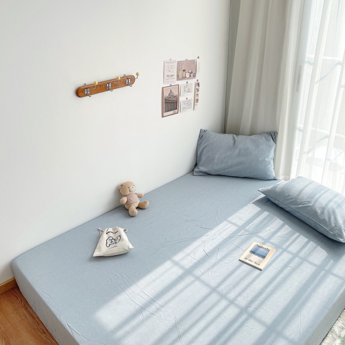 91家纺网 家纺一手货源 找家纺 安莱生活 2021新款全棉水洗棉单床笠 浅蓝