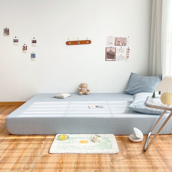 91家纺网 家纺一手货源 找家纺 安莱生活 2021新款全棉水洗棉单床笠 浅蓝