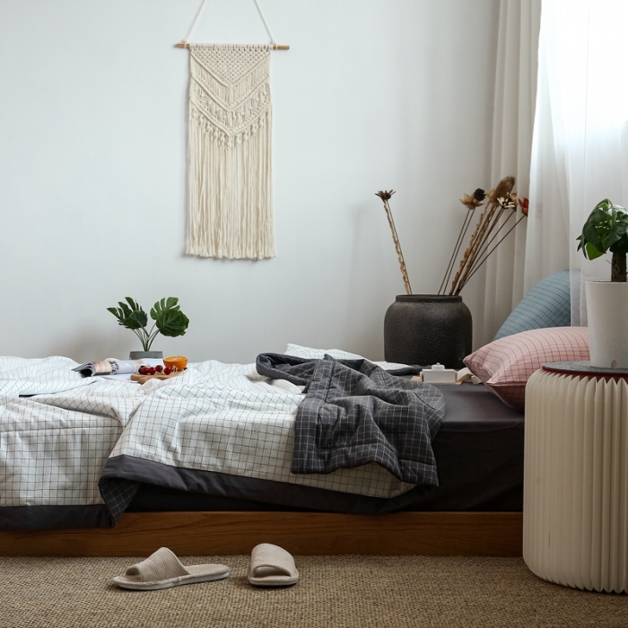 91家纺网 家纺一手货源 找家纺 安莱生活 2021新款双拼小格细条中格夏被 小灰格+小白格