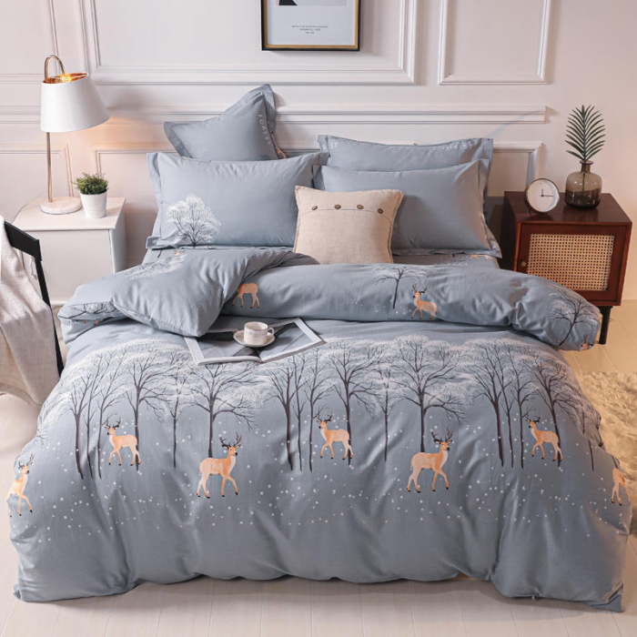 91家纺网 家纺一手货源 找家纺 优姿家纺 2021新款全棉磨毛四件套 鹿雪踏花-灰