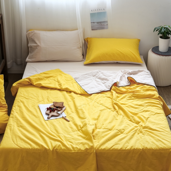 91家纺网 家纺一手货源 找家纺 安莱生活 2021新款全棉水洗棉双拼纯色夏被 亮黄+米白