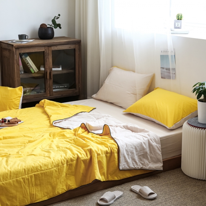 91家纺网 家纺一手货源 找家纺 安莱生活 2021新款全棉水洗棉双拼纯色夏被 亮黄+米白